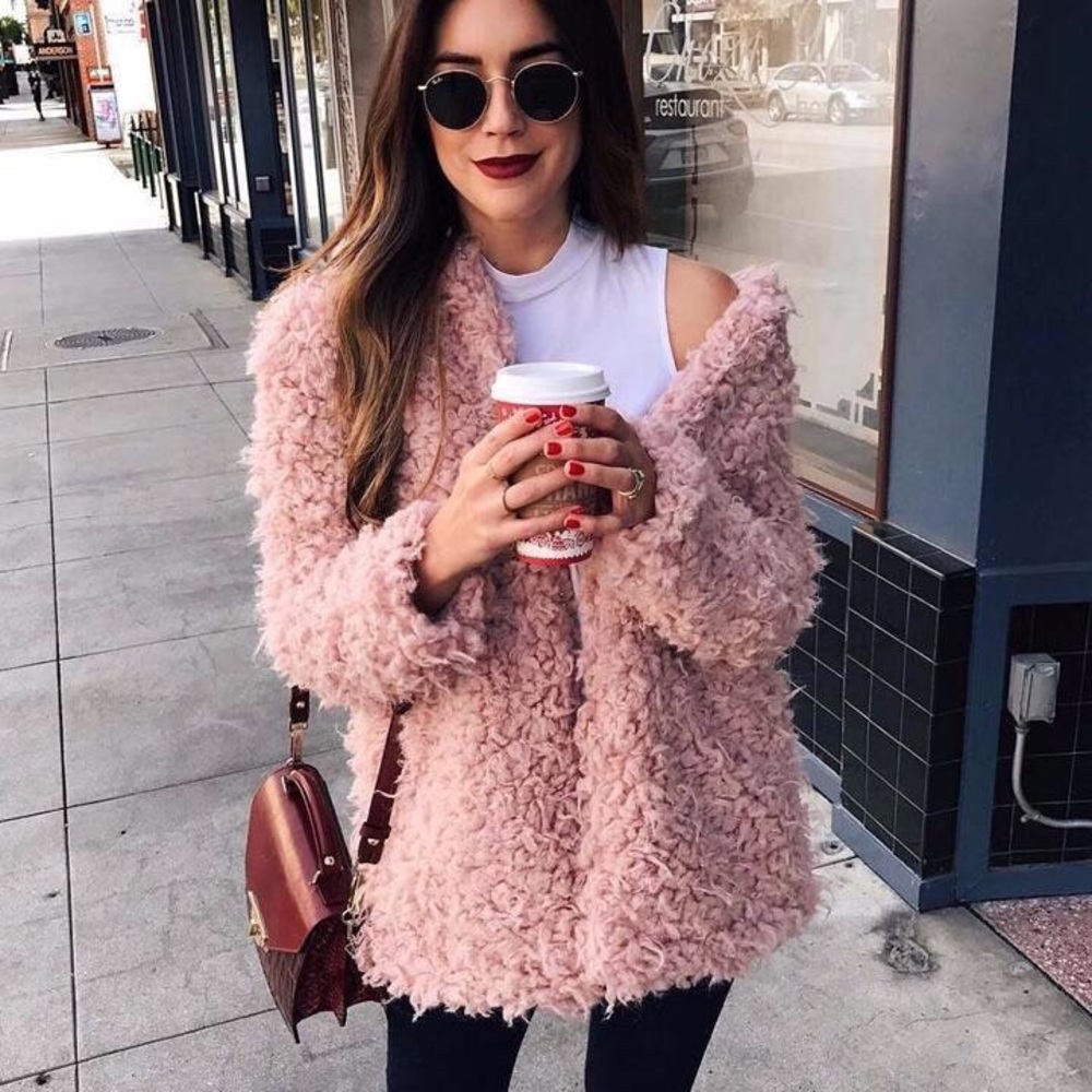 Faux fur women shaggy coat pink jacket long sleeve